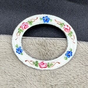 Vintage LaMode Guilloche Sterling Silver Brooch Enamel Flower